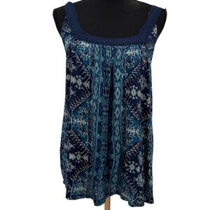 Lucky Brand Womens' Blue Tribal Tank Top Sleeveless Square Neck Women's Small‎